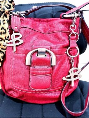 b. makowsky Red Pebbled Leather Shoulder Bag with Signature Charms